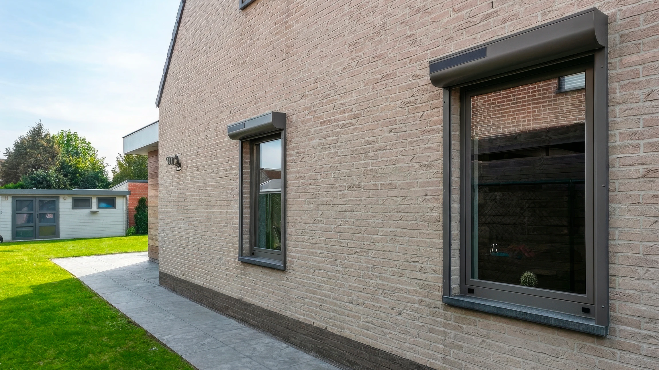 Façade latérale d'une maison contemporaine en briques beiges, avec deux fenêtres à cadres anthracite équipées de caissons de volets roulants intégrés