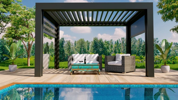 Espace extérieur contemporain avec pergola bioclimatique à lames orientables noires abritant un salon de jardin en résine tressée