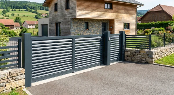 Photographie en extérieur d'une clôture ou portail aluminium moderne de couleur anthracite ou gris, installé sur la façade avant d'une maison contemporaine. La structure doit être visible en entier, bien montrant les lames ou panneaux horizontaux ou verticaux du portail/clôture, avec un rendu haut de gamme et une finition impeccable. L'arrière-plan montre l'entrée de la propriété avec un pavage ou allée carrossable. La scène est prise de jour avec bon éclairage naturel.