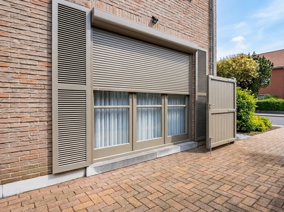 Façade de maison belge en briques rouges avec toiture en tuiles ardoisées foncées