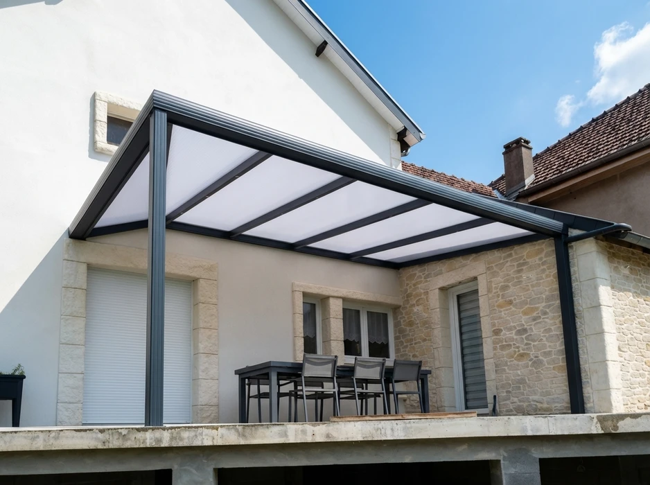 Terrasse extérieure d'une maison en briques rouges avec mobilier de jardin aluminium blanc/taupe (table et chaises à assise textilène)