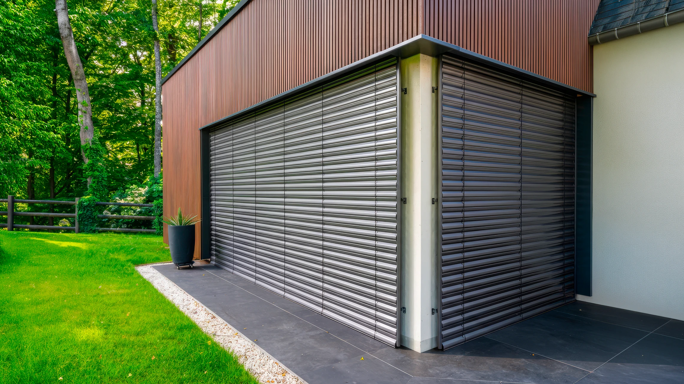 Garage moderne extérieur avec deux volets roulants industriels en acier galvanisé gris anthracite, couvrant toute la façade