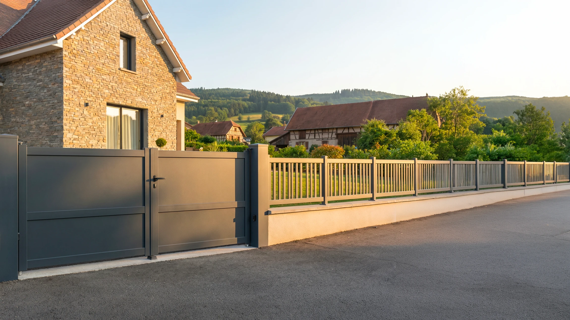 Photographie d'un portail moderne installé à l'entrée d'une propriété résidentielle dans les Vosges, montrant un beau portail en aluminium ou PVC de couleur coordonnée avec la maison, encadré par une clôture assortie, en fin d'après-midi avec un éclairage naturel valorisant l'installation. Le portail est partiellement ouvert ou fermé, bien visible et mettant en avant l'élégance de la finition. L'arrière-plan montre la façade de la maison et un jardin paysager.