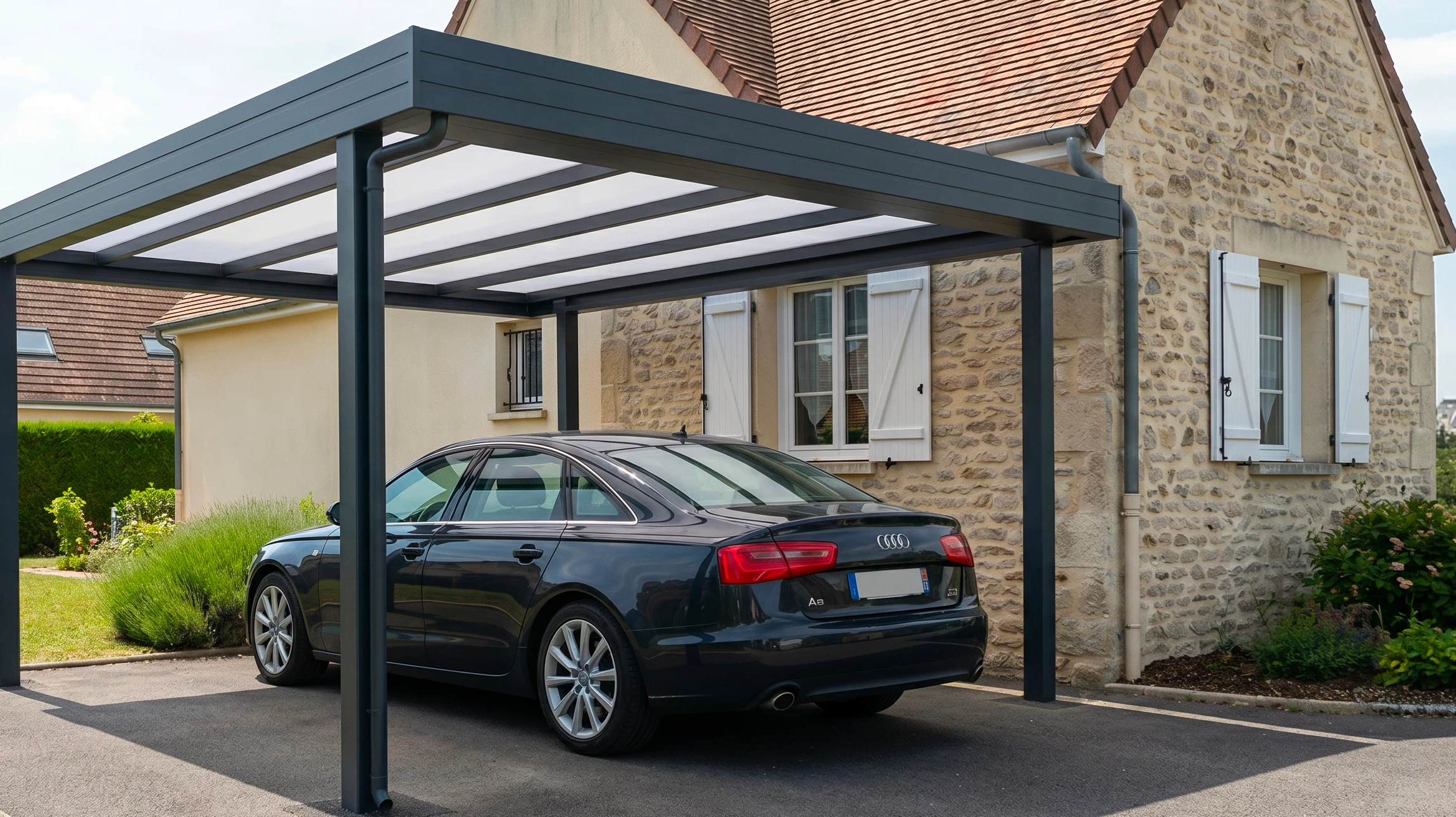 Photographie professionnelle d'un carport aluminium moderne récemment installé devant une maison, avec un véhicule stationné sous la structure. La structure montre clairement les poteaux en aluminium, la toiture en panneaux translucides ou opaques, et l'intégration harmonieuse avec le bâti résidentiel. La qualité de finition et l'installation doivent être impeccables, reflétant un travail professionnel.