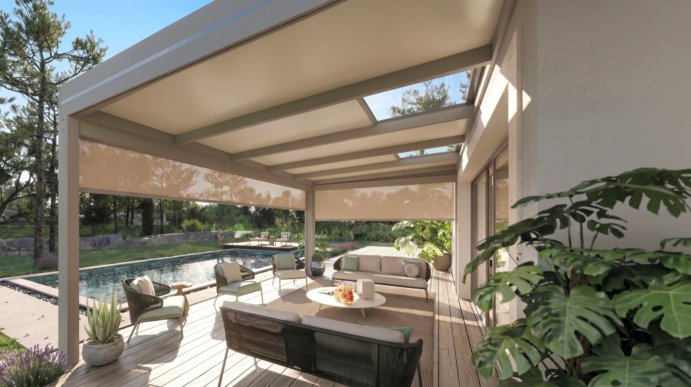 Espace extérieur contemporain avec pergola bioclimatique à lames orientables noires abritant un salon de jardin en résine tressée
