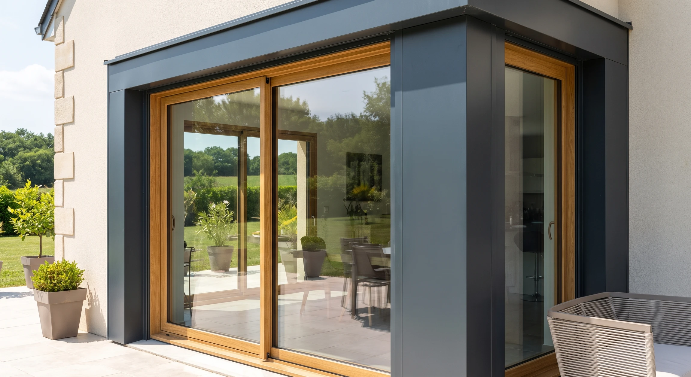 Vue extérieure rapprochée d'une façade contemporaine montrant une grande baie vitrée coulissante à menuiserie mixte : cadre et dormants en bois ton chêne doré, protégés par un habillage extérieur en aluminium gris anthracite. La baie donne sur un intérieur lumineux et une terrasse aménagée visible en arrière-plan. Le vitrage double de haute performance reflète le paysage environnant. Détail visible des joints de jonction bois-alu soulignant le mélange des matériaux. Lumière naturelle mettant en évidence le contraste élégant entre la chaleur du bois intérieur et la protection moderne de l'aluminium extérieur.