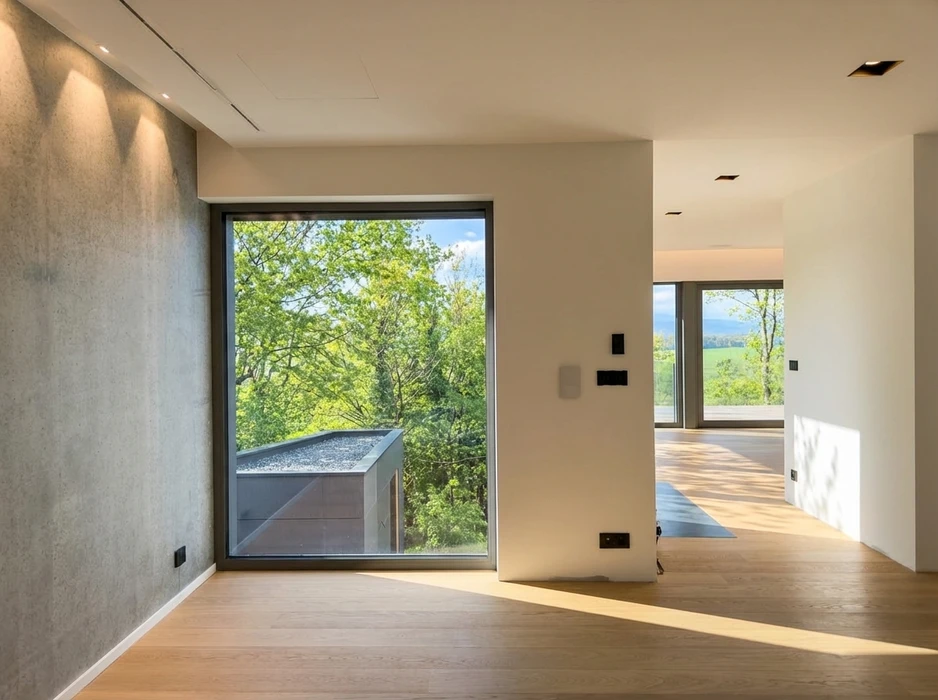 Intérieur moderne et épuré, pièce vide avec sol en parquet chêne clair