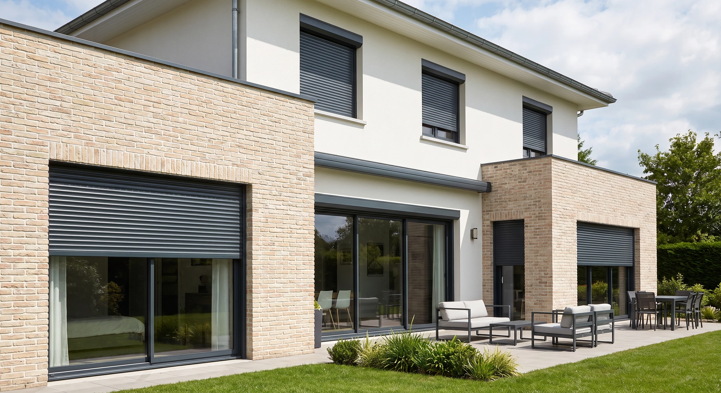 Façade de maison contemporaine en enduit blanc ou briques claires, avec une ou plusieurs baies vitrées équipées de volets roulants aluminium anthracite ou colorés, partiellement abaissés ou en position intermédiaire. Les volets doivent être clairement visibles et protagonistes de l'image. La menuiserie est de qualité moderne, le caisson du volet apparent et bien intégré en architecture. L'environnement immédiat montre un jardin paysager soigné ou une terrasse avec mobilier contemporain, démontrant le contexte résidentiel et le bien-être apporté par la fermeture. Éclairage naturel de jour, ciel dégagé ou légèrement nuageux. Aucun personnage visible. Qualité photographique professionnelle.