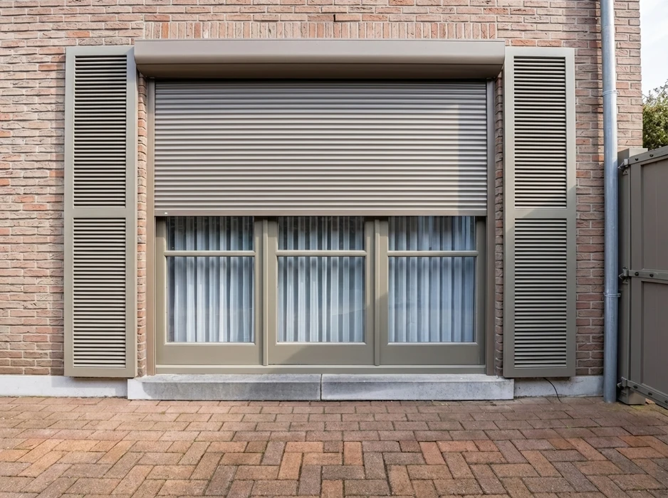 Façade en briques rouges avec triple fenêtre équipée d'un volet roulant aluminium couleur taupe partiellement abaissé