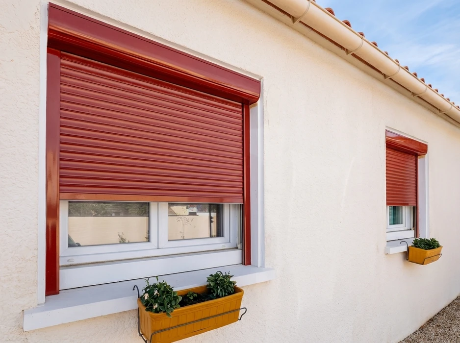 Façade extérieure d'une maison en enduit blanc, équipée de volets roulants en aluminium laqué coloris rouge bordeaux
