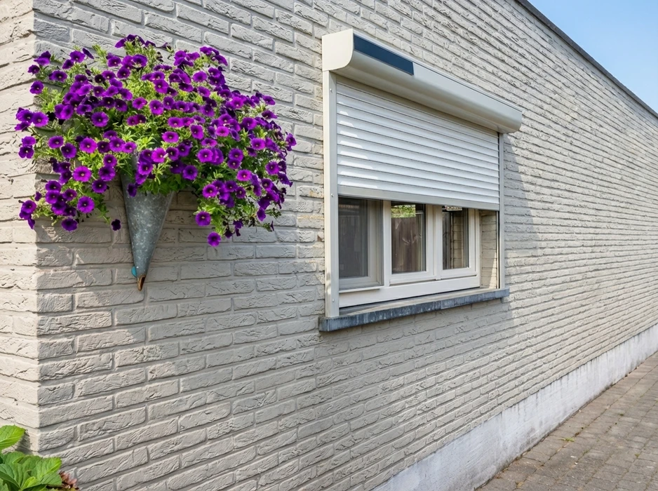 Façade extérieure en briques grises avec volet roulant blanc motorisé sur fenêtre PVC triple vantaux