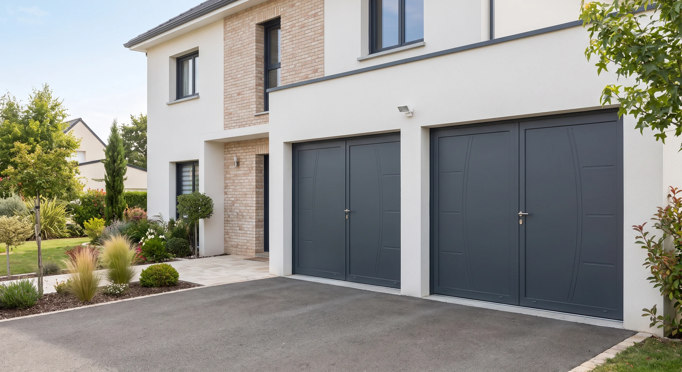 Photographie d'une maison résidentielle contemporaine en façade, présentant deux portes de garage battantes battantes en aluminium anthracite, complètement fermées, avec panneaux lisses ou à léger relief décornatif. Les portes doivent occuper une place majeure dans la composition visuelle. La façade environnante est en enduit blanc ou brique claire, avec menuiseries modernes. La porte est équipée d'une quincaillerie inox discrète et valorise l'entrée principale. Environnement paysager soigné avec allée en pavés et végétation d'ornement. Éclairage naturel de jour mettant en valeur la texture et les finitions de qualité premium.