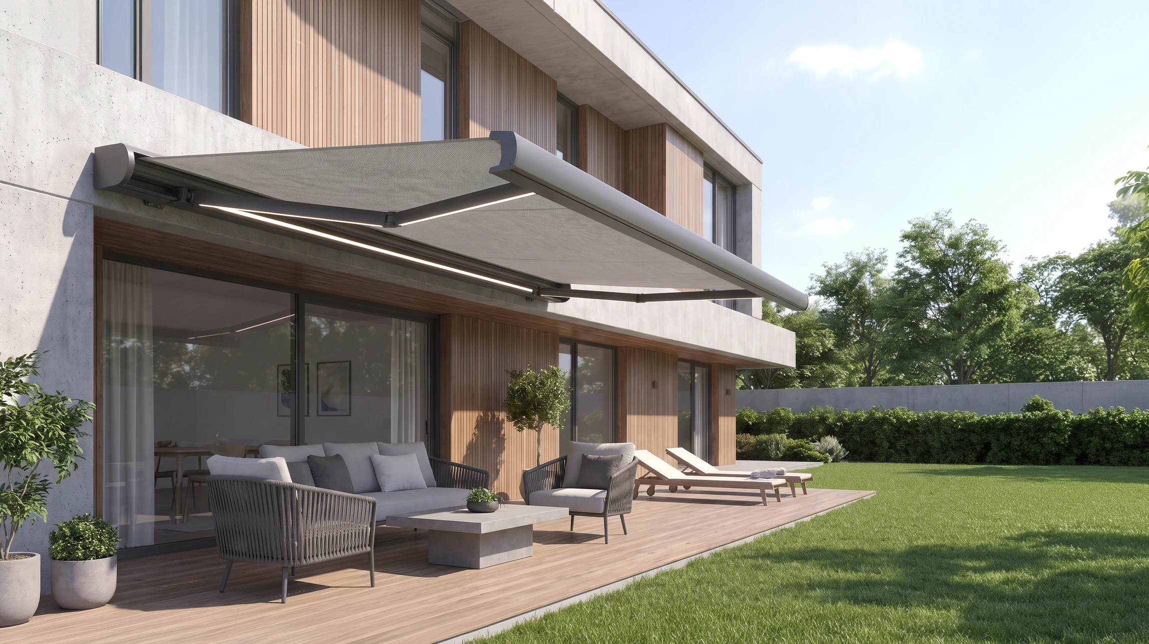 Terrasse moderne avec mobilier d'extérieur haut de gamme sous store banne rayé