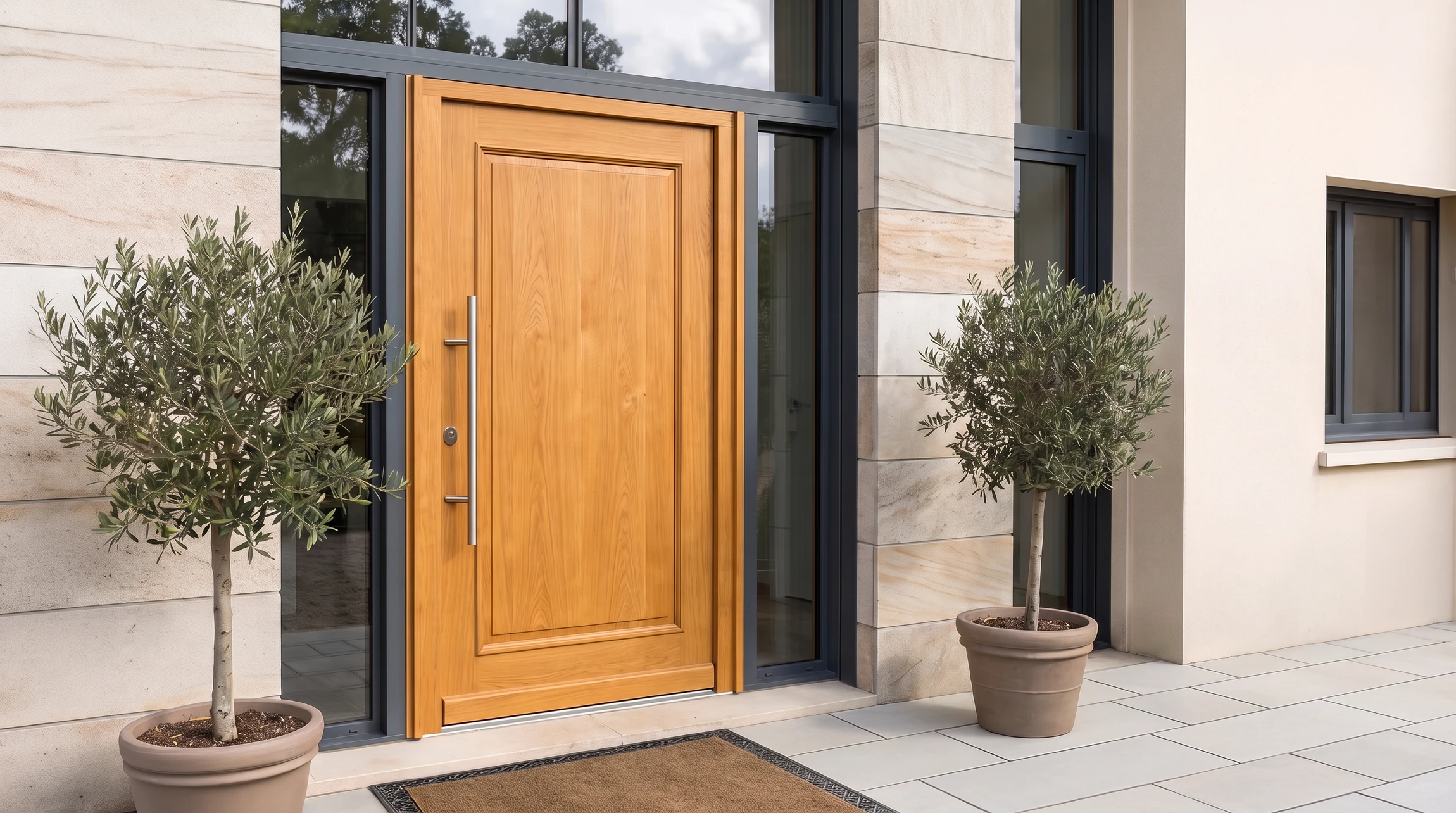 Photographie réelle en grand format d'une porte d'entrée en bois massif de haut de gamme, fermée, vue de face, positionnée en façade extérieure d'une maison contemporaine. La porte présente des moulures ou un décor épuré en bois naturel, avec poignée et serrure en métal noble (inox brossé ou laiton). Le bois doit afficher une teinte chaude naturelle (chêne clair, noyer, miel ou similaire). La porte est encadrée par des menuiseries aluminium ou du parement de façade de qualité. Environnement résidentiel haut de gamme avec éclairage naturel doux mettant en valeur les veines et la chaleur du matériau bois. Perspective légèrement en plongée montrant la porte et un segment de la façade, sans personne visible.