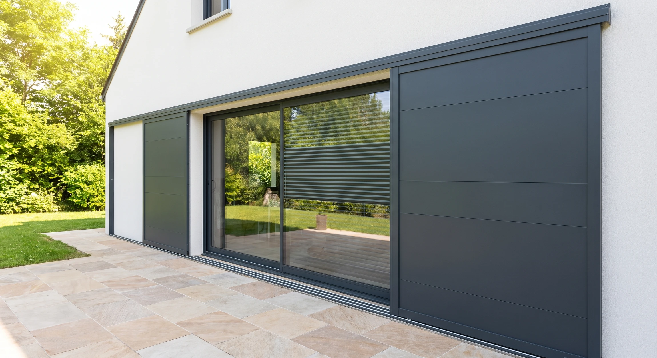 Façade extérieure d'une maison contemporaine en enduit blanc, équipée de volets coulissants extérieurs en aluminium gris anthracite, partiellement ouverts en position latérale. Les volets glissent horizontalement devant une grande baie vitrée avec double vitrage. La façade est bien éclairée en lumière naturelle directe, révélant les détails du système de guidage horizontal des volets. Terrasse dallée en grès cérame visible au rez-de-chaussée. Jardin verdoyant en arrière-plan. Image de qualité professionnelle, vue frontale directe de la façade sans texte ni logo.
