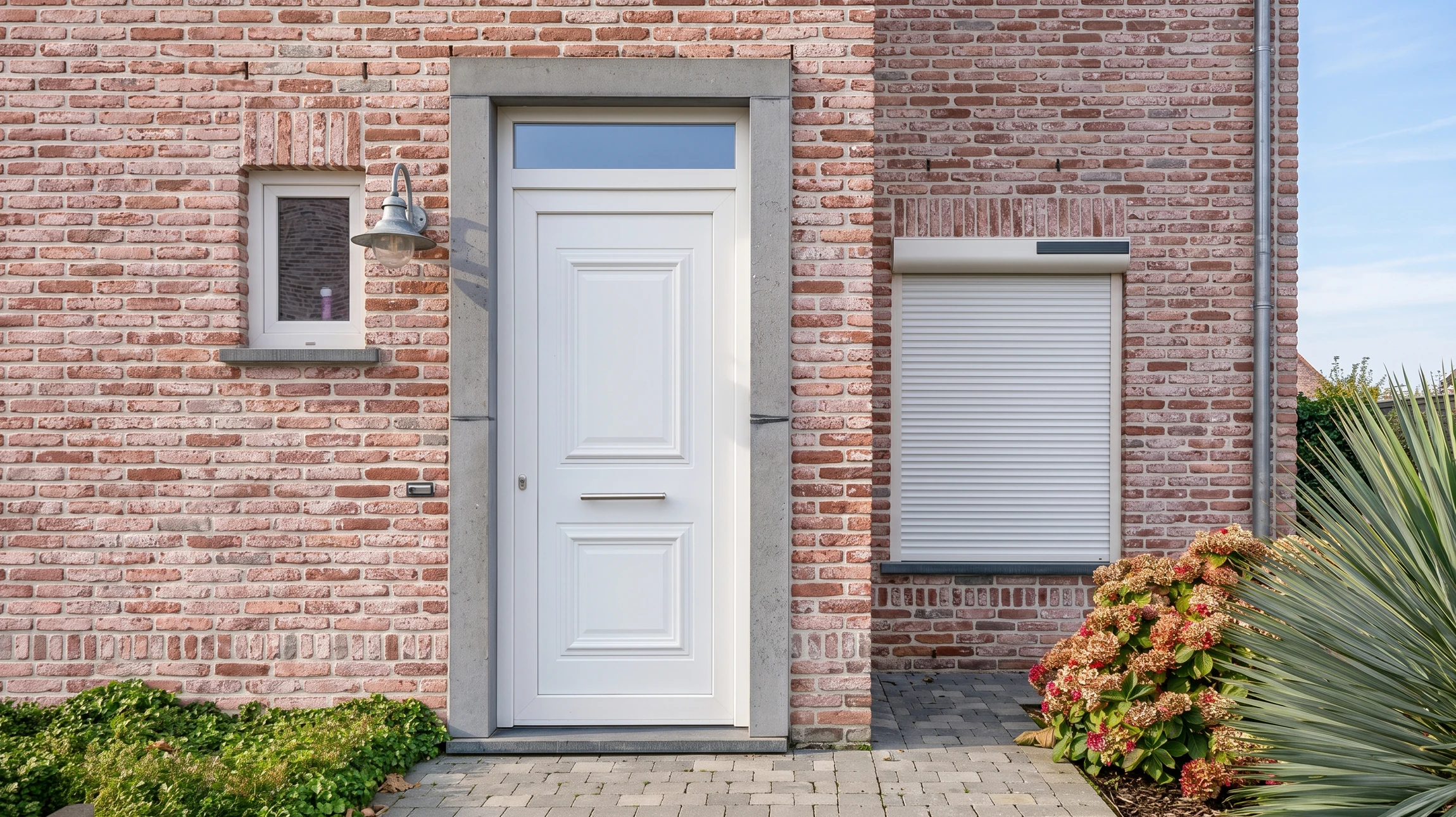 Entrée moderne d'habitation avec porte d'entrée contemporaine à panneaux vitrés et cadre anthracite