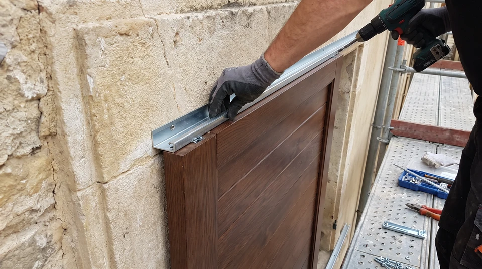 Façade en briques rouges avec triple fenêtre équipée d'un volet roulant aluminium couleur taupe partiellement abaissé