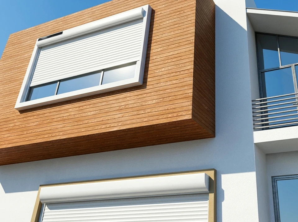Façade extérieure d'une maison méditerranéenne avec une fenêtre équipée d'un volet roulant aluminium blanc partiellement descendu et de volets battants aluminium gris-bleu ouverts