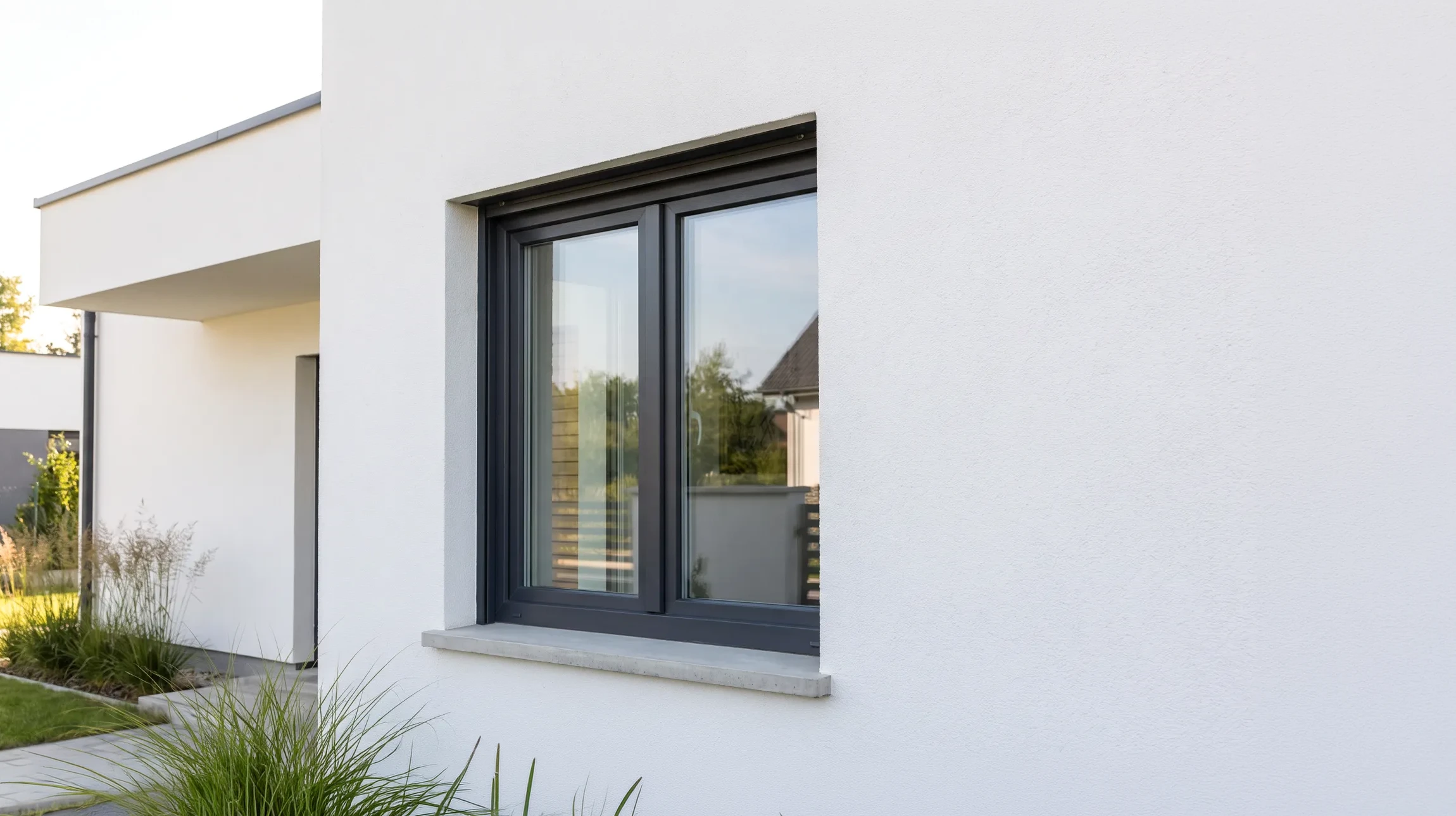 Maison moderne avec toiture en tuiles grises anthracite, murs blancs lisses, fenêtres à cadres sombres